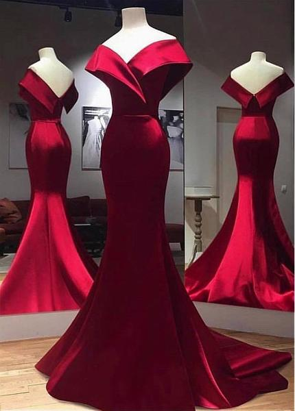 Burgundy Satin Off-the-shoulder Long Prom Dress
