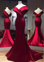 Burgundy Satin Off-the-shoulder Long Prom Dress