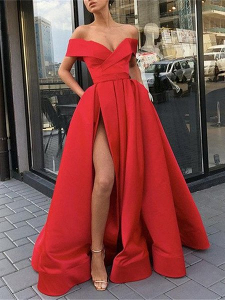 Off the Shoulder Satin Red A-Line Prom Dress