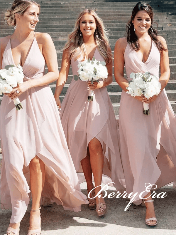 V-neck Hi-low Blush Pink Chiffon Bridesmaid Dresses, Long Bridesmaid Dresses, Bridesmaid Dresses - RongMoon