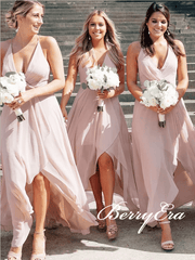 V-neck Hi-low Blush Pink Chiffon Bridesmaid Dresses, Long Bridesmaid Dresses, Bridesmaid Dresses - RongMoon