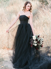 Black Ball Gown Tulle Strapless A-Line Wedding Dress With Train