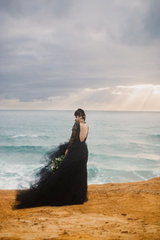 Black Ball Gown Tulle Lace Appliques Deep V-neck Long Sleeve Wedding Dress