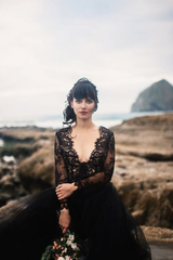 Black Ball Gown Tulle Lace Appliques Deep V-neck Long Sleeve Wedding Dress