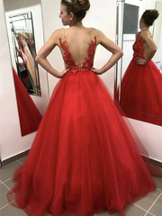 Floor Length Appliques Red V Neck Tulle Backless Flower Prom Dress