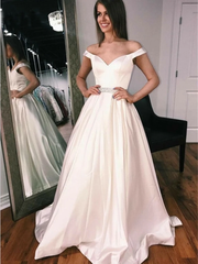 Ivory Satin Beading Off The Shoulder Long Prom Dress