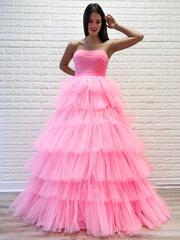 Pink Long Tulle Formal Strapless Layered Prom Dress