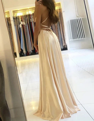 Champagne Satin Criss Cross Backless Long Prom Dress With Slit