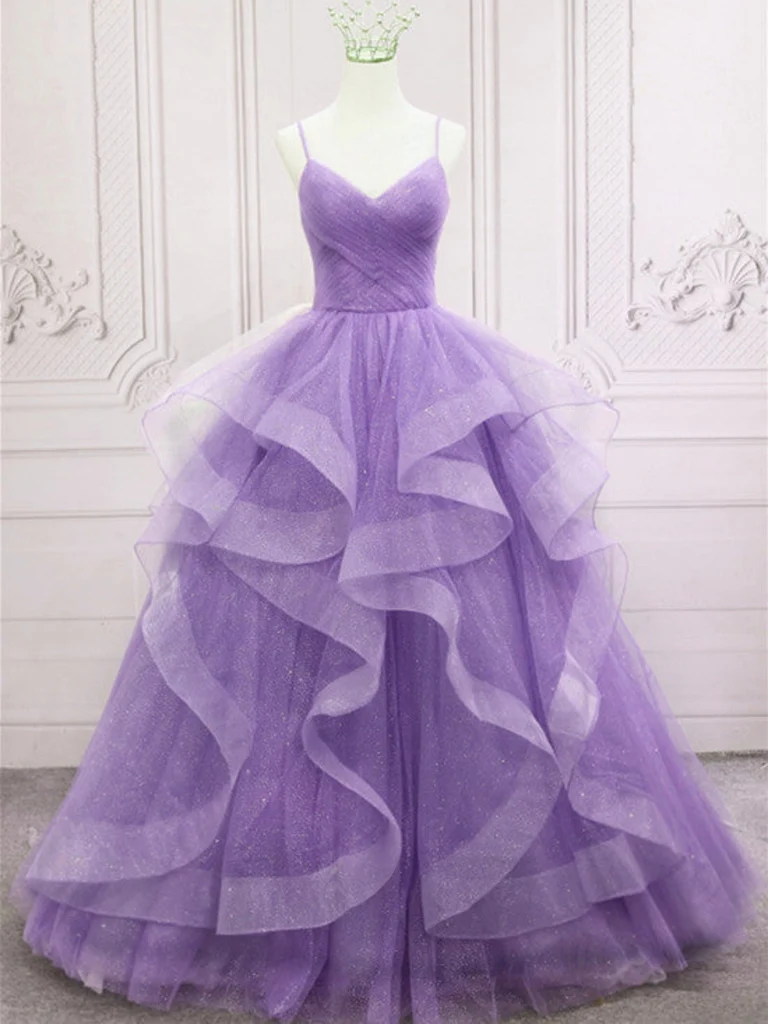V Neck Open Back Fluffy Purple Tulle Long Prom Dress