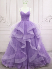 V Neck Open Back Fluffy Purple Tulle Long Prom Dress