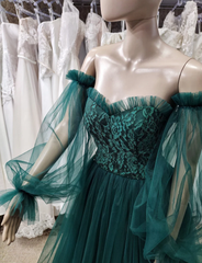 Pretty Green Lace Prom Dresses Puff Long Sleeves Off The Shoulder Lace Appliques Tulle Ball Gown      cg24134