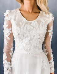 Scoop Sweep Train Lace Long Sleeve Appliques A-line Ruffles Wedding Dress