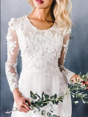 Scoop Sweep Train Lace Long Sleeve Appliques A-line Ruffles Wedding Dress