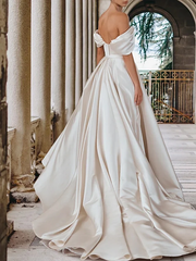 Champagne Beading Off The Shoulder Satin Wedding Dress With Pockets