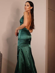 Sheath/Column Silk like Satin Ruched V-neck Sleeveless Sweep/Brush Train Dresses - RongMoon