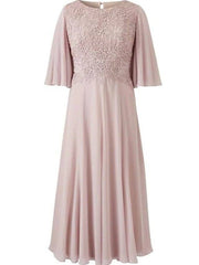 A-Line Mother of the Bride Dress Elegant Jewel Neck Ankle Length Chiffon Lace Half Sleeve with Pleats Embroidery - RongMoon