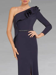 Sheath / Column Mother of the Bride Dress Elegant Sexy One Shoulder Floor Length Stretch Fabric Long Sleeve with Sash / Ribbon Ruffles Split Front - RongMoon
