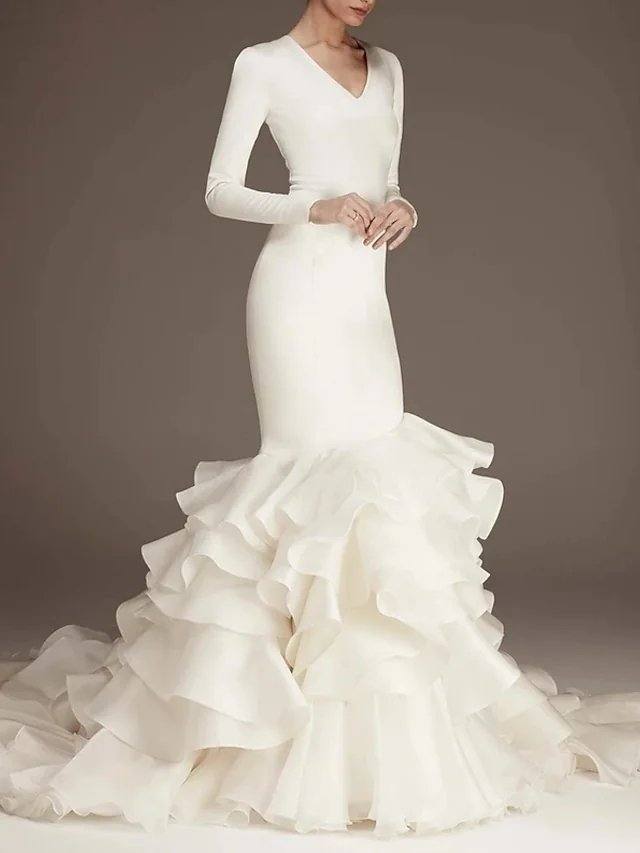 Mermaid / Trumpet Wedding Dresses V Neck Sweep / Brush Train Satin Long Sleeve Plus Size Modern Elegant with Cascading Ruffles - RongMoon