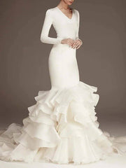 Mermaid / Trumpet Wedding Dresses V Neck Sweep / Brush Train Satin Long Sleeve Plus Size Modern Elegant with Cascading Ruffles - RongMoon