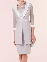 Two Piece Sheath / Column Mother of the Bride Dress Elegant Jewel Neck Knee Length Lace Satin 3/4 Length Sleeve with Color Block - RongMoon