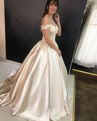 Ball Gown Satin Dresses 3D Flowers Off Shoulder