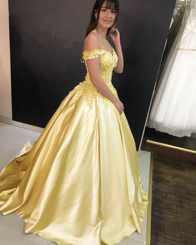 Ball Gown Satin Dresses 3D Flowers Off Shoulder