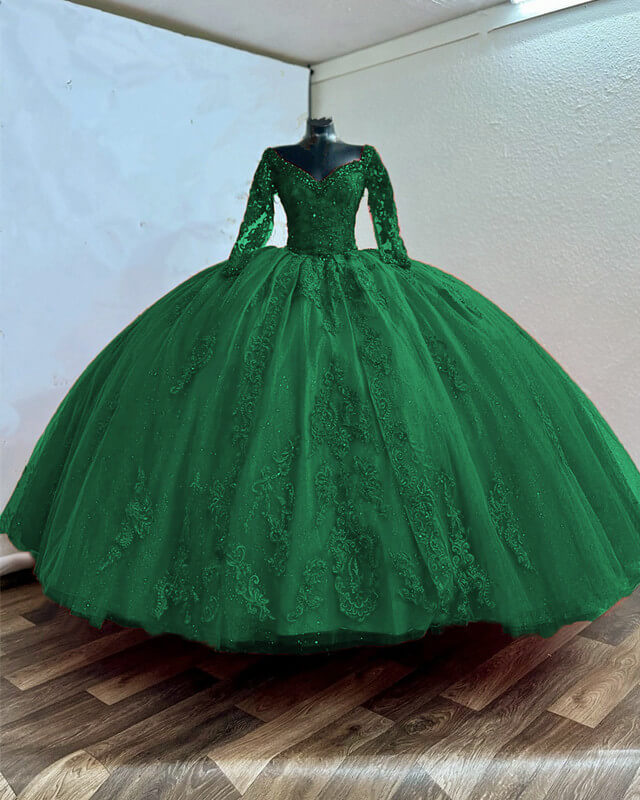 Ball Gown V-neck Appliques Sleeved Quince Dress