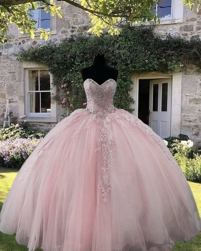Tulle Strapless Appliques Beaded Ball Gown Dress