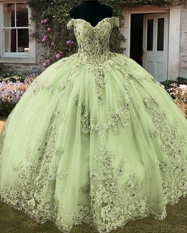 Sage Lace Off Shoulder 15 Ball Gown Dress