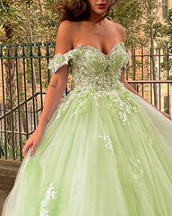 Sage Off-The-Shoulder 3D Flowers Ball Gown Dress