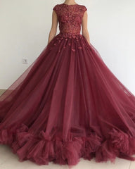 Ball Gown Ruffles Prom Dreses Sheer Lace Embroidery Top