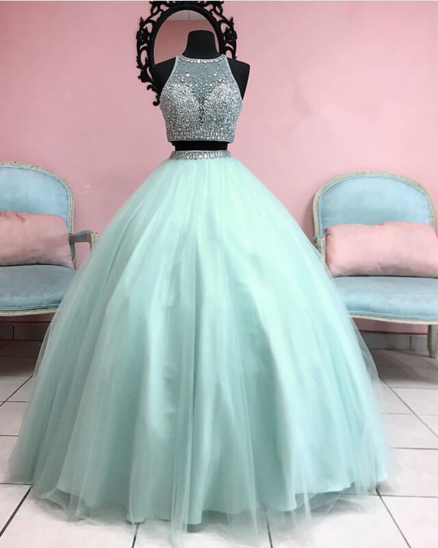 Two Piece Ball Gown Dress With Beaded Crop Top