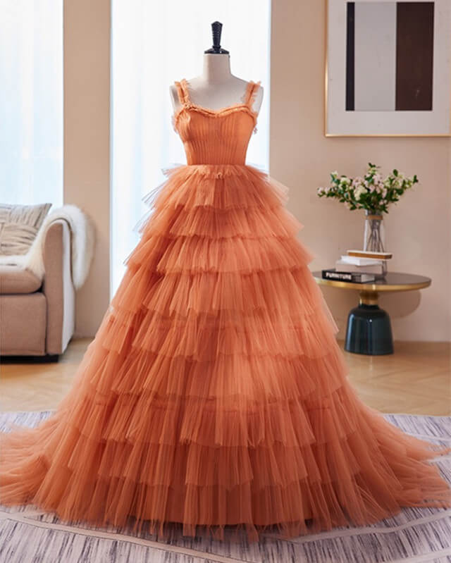 Orange Tulle Ruffles Ball Gown Corset Dress