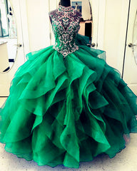 High Neck Quinceanera Dresses Organza Ruffles Crystal Beaded