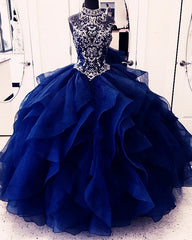 High Neck Quinceanera Dresses Organza Ruffles Crystal Beaded