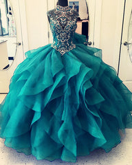 High Neck Quinceanera Dresses Organza Ruffles Crystal Beaded