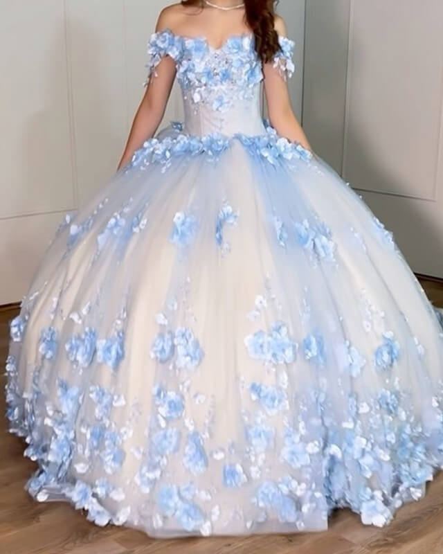 Ball Gown Tulle Off The Shoulder Quinceanera Dresses With Blue Flowers