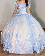 Ball Gown Tulle Off The Shoulder Quinceanera Dresses With Blue Flowers