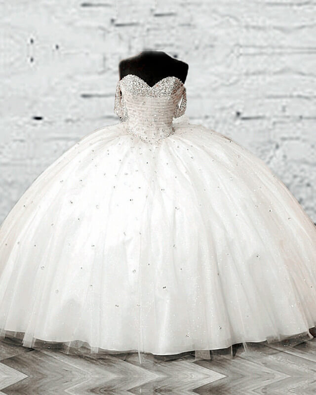 White Tulle Beaded Sweetheart Ball Gown Dresses