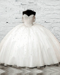 White Tulle Beaded Sweetheart Ball Gown Dresses