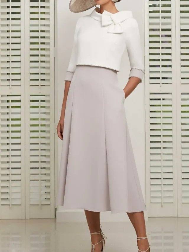 Two Piece Mother of the Bride Dress Elegant Jewel Neck Ankle Length Stretch Satin 3/4 Length Sleeve - RongMoon