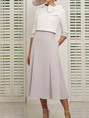 Two Piece Mother of the Bride Dress Elegant Jewel Neck Ankle Length Stretch Satin 3/4 Length Sleeve with Bow(s) - RongMoon