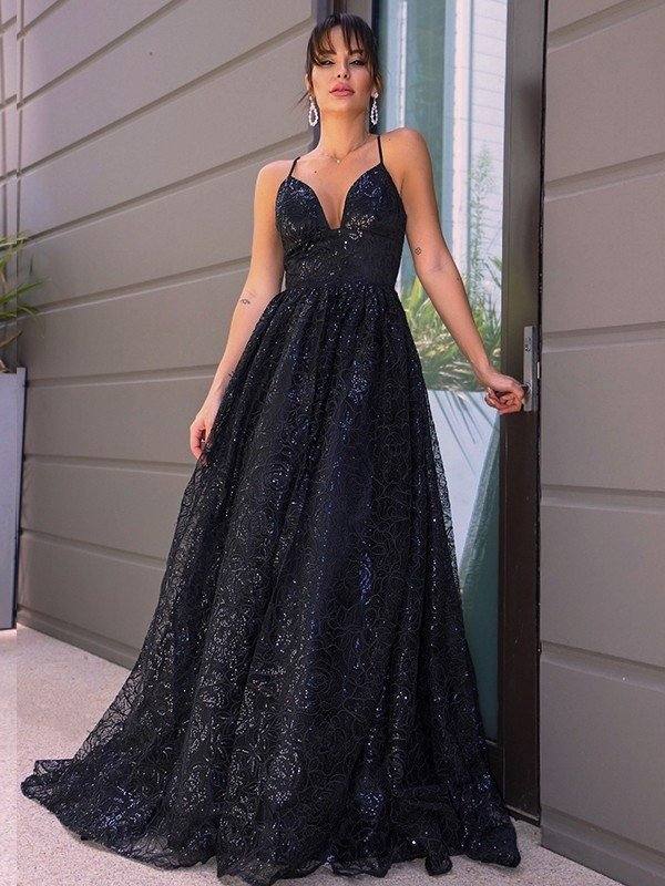 A-Line/Princess V-neck Sequins Sleeveless Sequin Sweep/Brush Train Dresses - RongMoon