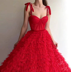 Red Muslim Evening Dresses Ball Gown Sweetheart Tulle Crystals Long Islamic Dubai Saudi Arabic Long Formal Evening Gown - RongMoon