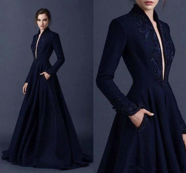 Navy Blue Muslim Evening Dresses A-line Long Sleeves Lace Beaded Islamic Dubai Saudi Arabic Long Formal Evening Gown - RongMoon