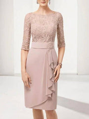 Sheath / Column Mother of the Bride Dress Sweet Jewel Neck Knee Length Chiffon Lace Half Sleeve with Side Draping - RongMoon