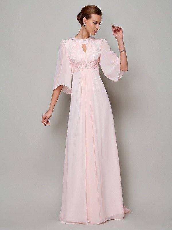 A-Line/Princess High Neck 1/2 Sleeves Beading Long Chiffon Mother of the Bride Dresses - RongMoon