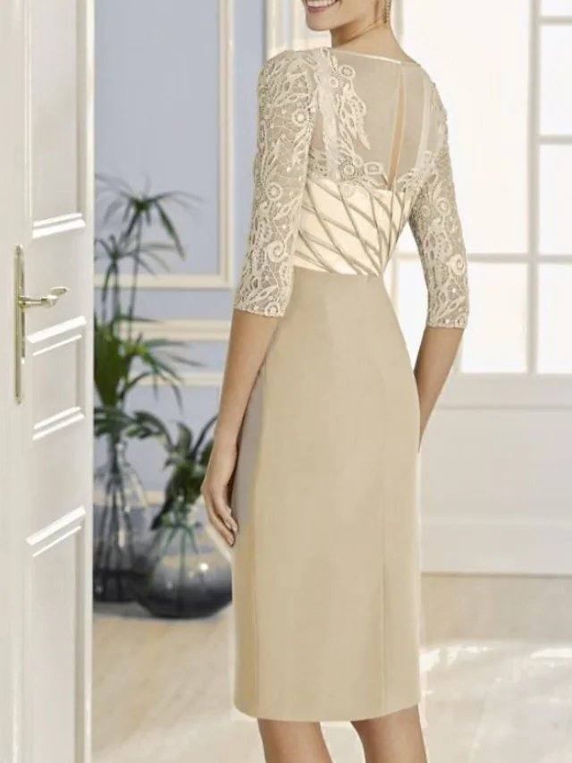 Sheath / Column Mother of the Bride Dress Elegant Jewel Neck Knee Length Lace Satin 3/4 Length Sleeve with Ruffles Embroidery - RongMoon