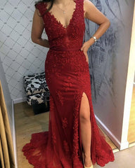 Split Lace Evening Dresses V Neck Mermaid Prom Gowns