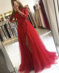 Tulle Prom Split Dresses With Lace Sleeves